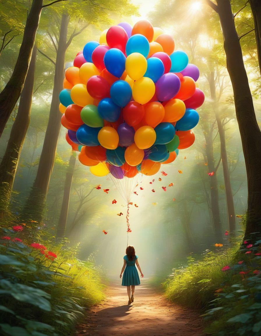 A whimsical depiction of a magical world where words float through the air, transforming into vibrant butterflies and balloons that symbolize joy and language. Sunlight filters through a forest of colorful trees, each labeled with different languages, while happy characters interact with the fantastical elements around them. The scene conveys a sense of wonder and merriment. vibrant colors. 3D. fantasy art.