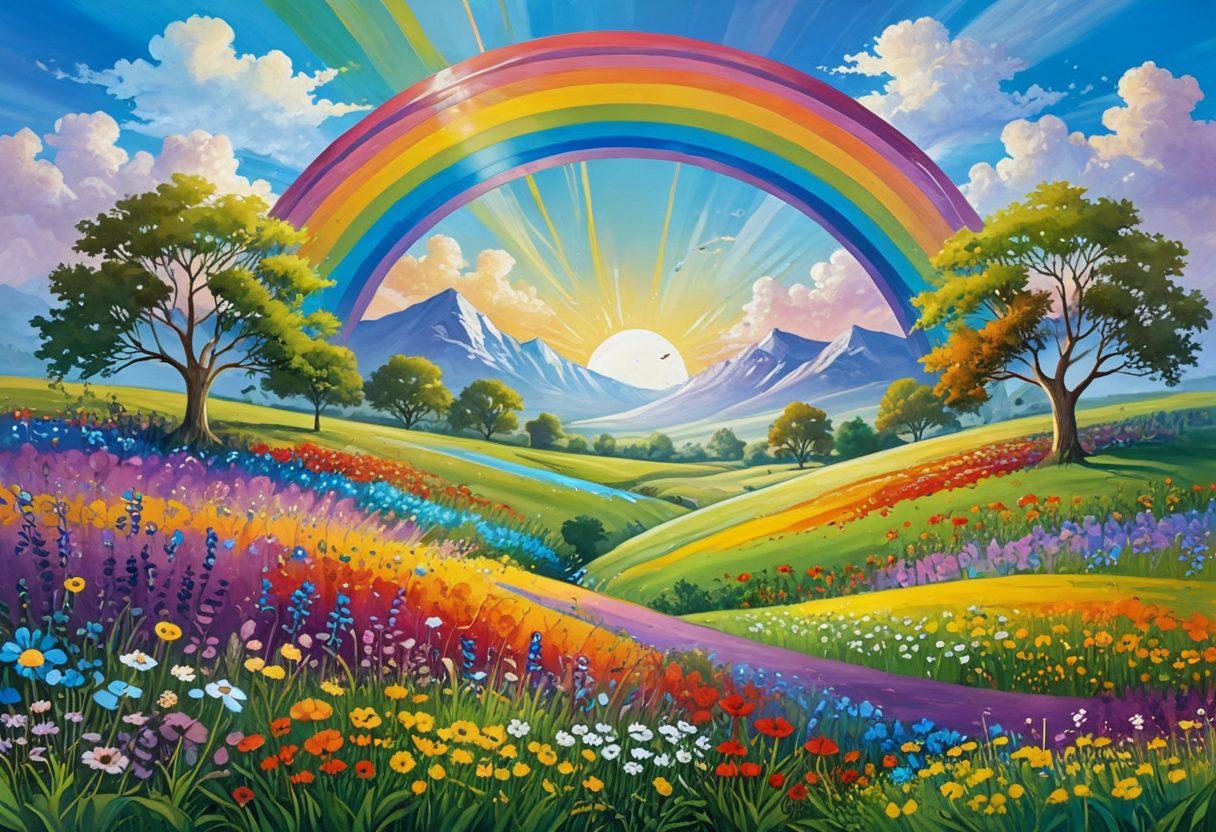 A whimsical landscape filled with colorful words and cheerful expressions floating in the air, surrounded by vibrant flowers and joyful characters exchanging joyful vocabulary. A shimmering sun radiates warmth and happiness in the background, with a rainbow arching over a lively meadow. The scene captures the essence of joy and positivity in language. vibrant colors. painting.