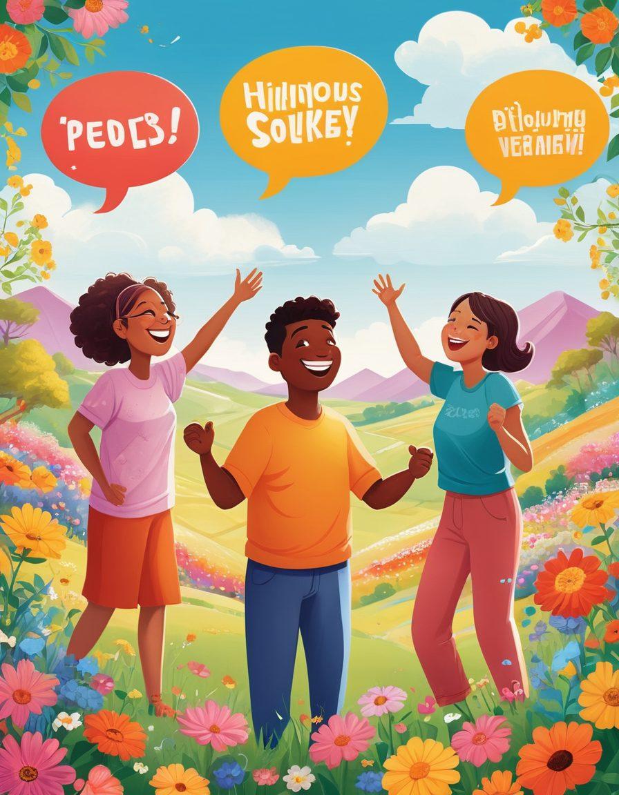 A vibrant illustration of diverse people engaging in cheerful conversation, surrounded by colorful speech bubbles filled with joyful words and phrases. The background features a sunny landscape with blooming flowers and bright colors symbolizing happiness. Each character displays expressions of joy and excitement, adding to the delightful atmosphere. Playful typography highlights key phrases like 'happiness', 'kindness', and 'laughter'. bright colors. cartoon style.